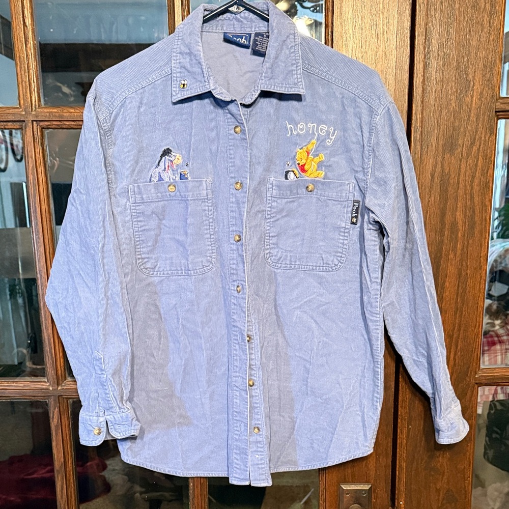 Disney Pooh Winnie the Pooh Eeyore Embroidered Blue Corduroy Shirt Womens‎ Small
